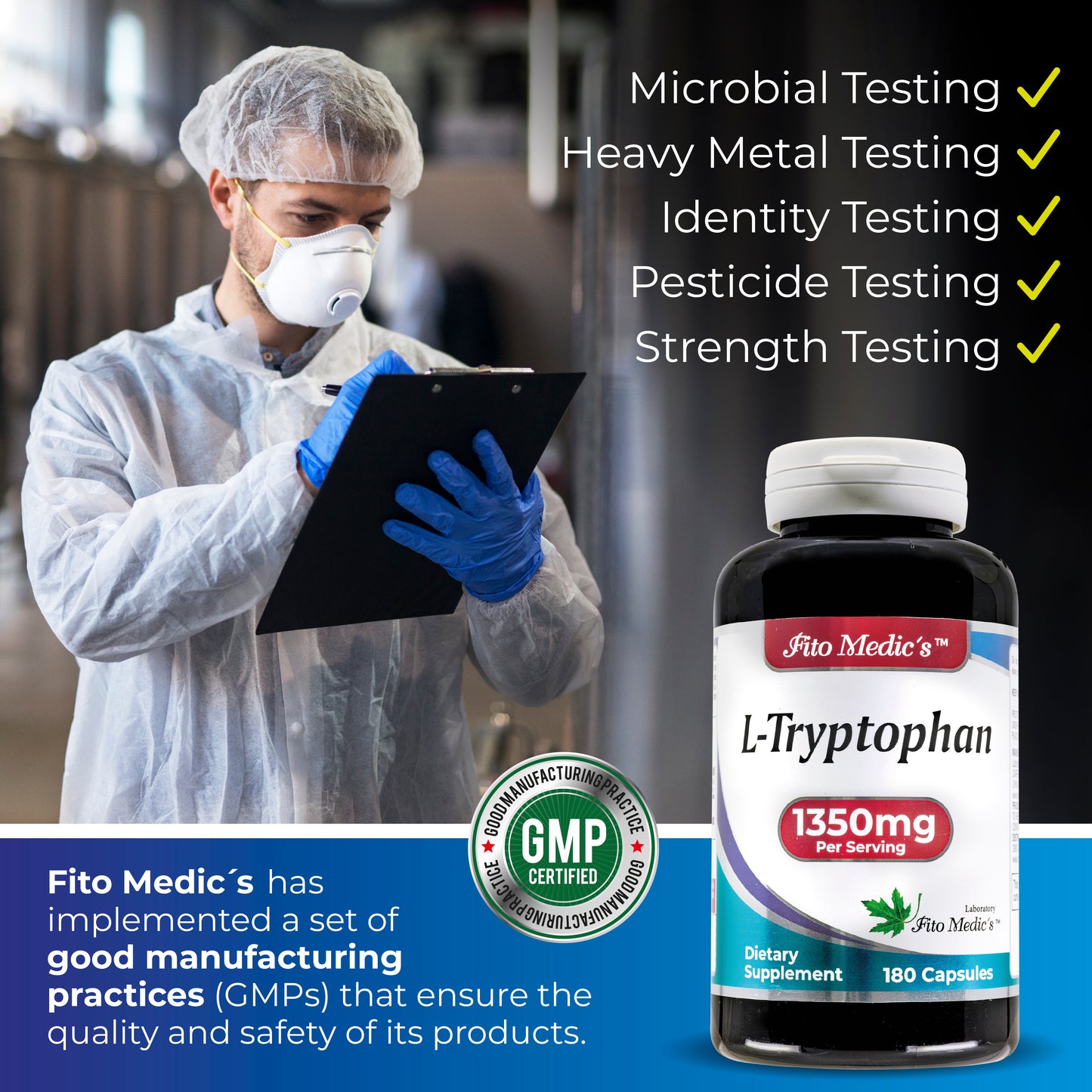 L-Tryptophan - 1350mg - 180 Capsules - Ultra High Absorption.