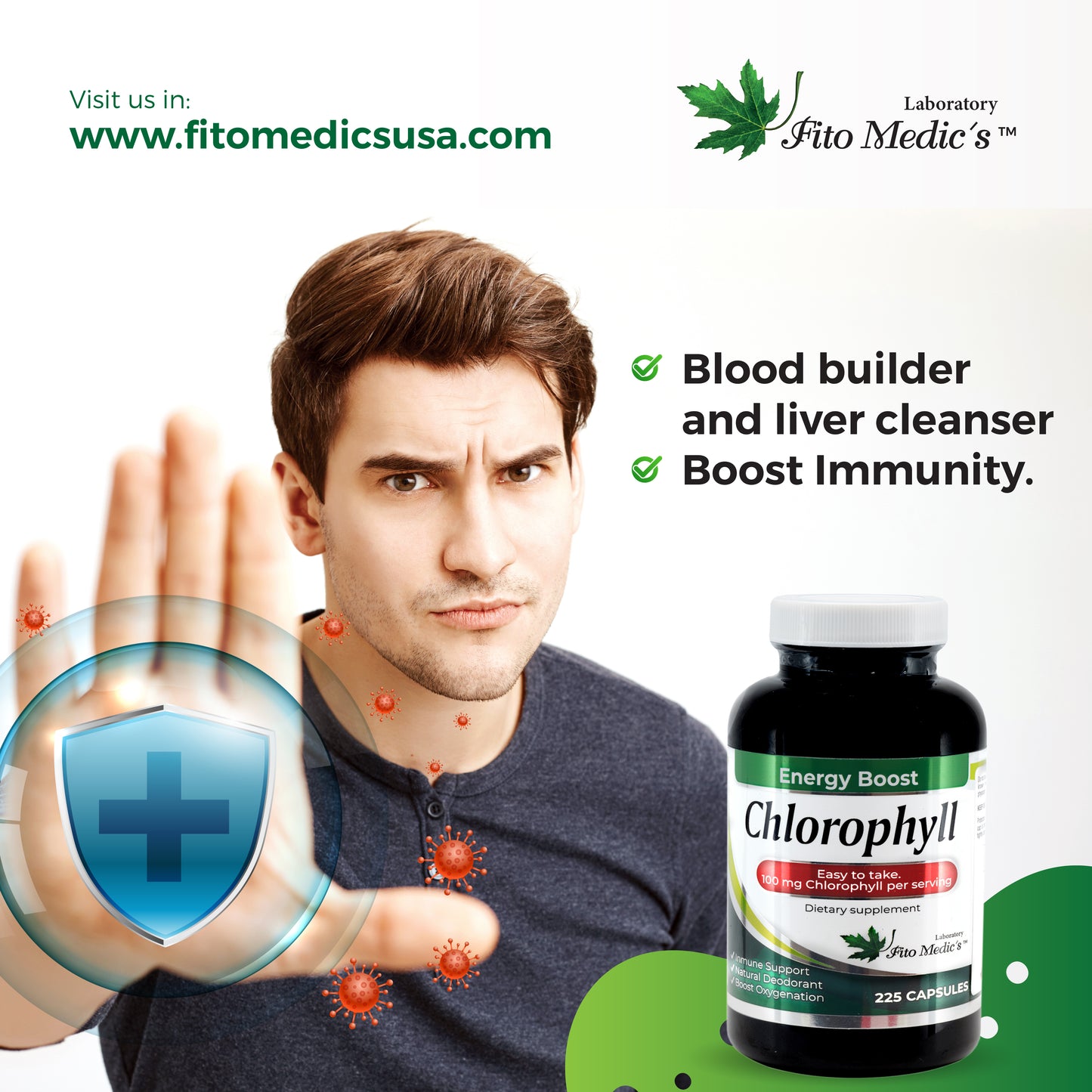 Chlorophyll Fito Medic's Pure Extract High Power Capsules, 100mg Energy Boost, Immune System Support, Internal Deodorant, Altitude Sickness.